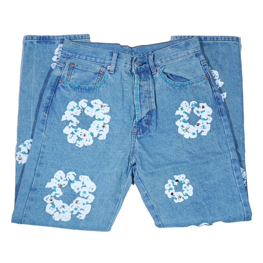 Blue Studded Denim Tear Levi Jeans Cotten Wreath